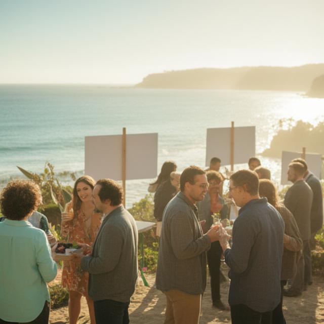 Local community finance event near the coast with attendees chatting before a talk