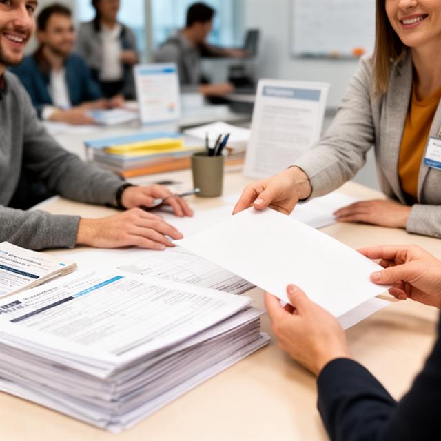 Volunteer tax preparation desk with organised forms and a welcoming advisor
