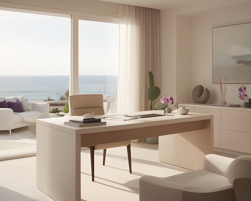 Bright Malibu office lounge with a calm desk setup, warm daylight, and coastal styling