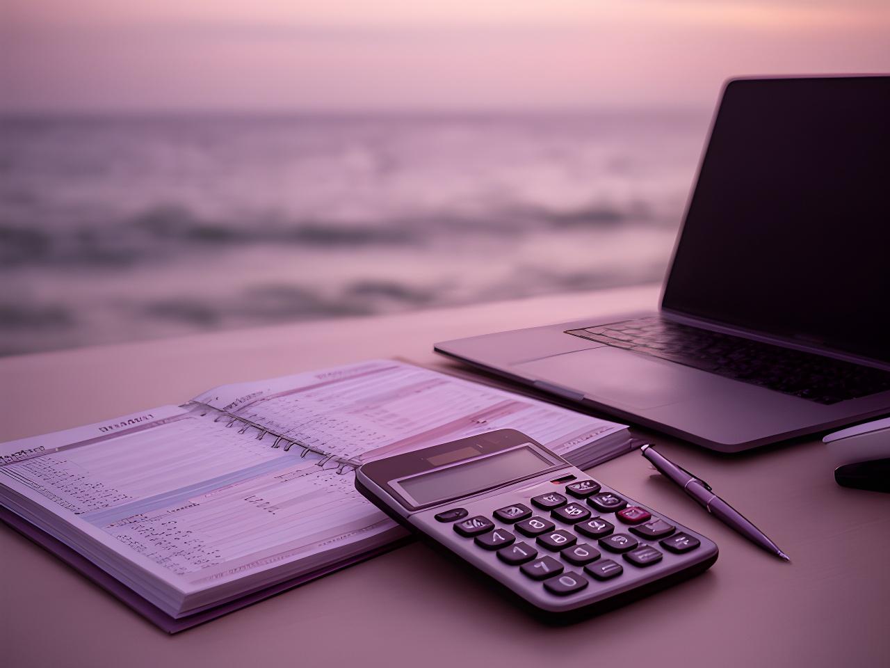 Calm coastal desk with a budget planner, calculator, and laptop beside soft evening light in Malibu