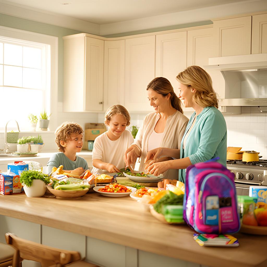 Parents preparing dinner with two children in a bright coastal kitchen, surrounded by weekly groceries and school bags