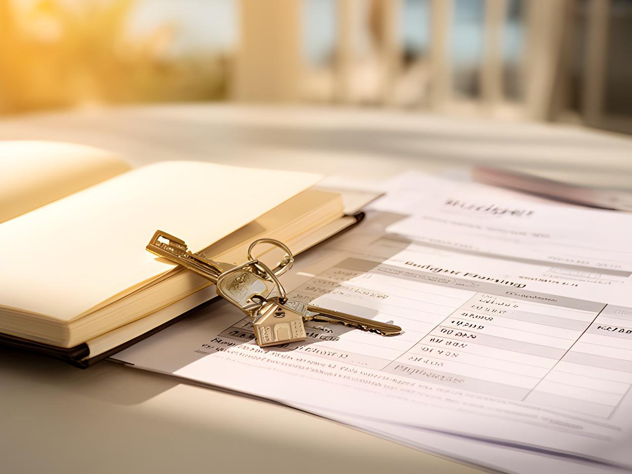 A new house key resting beside a notebook and budget planner on a sunlit table in Malibu