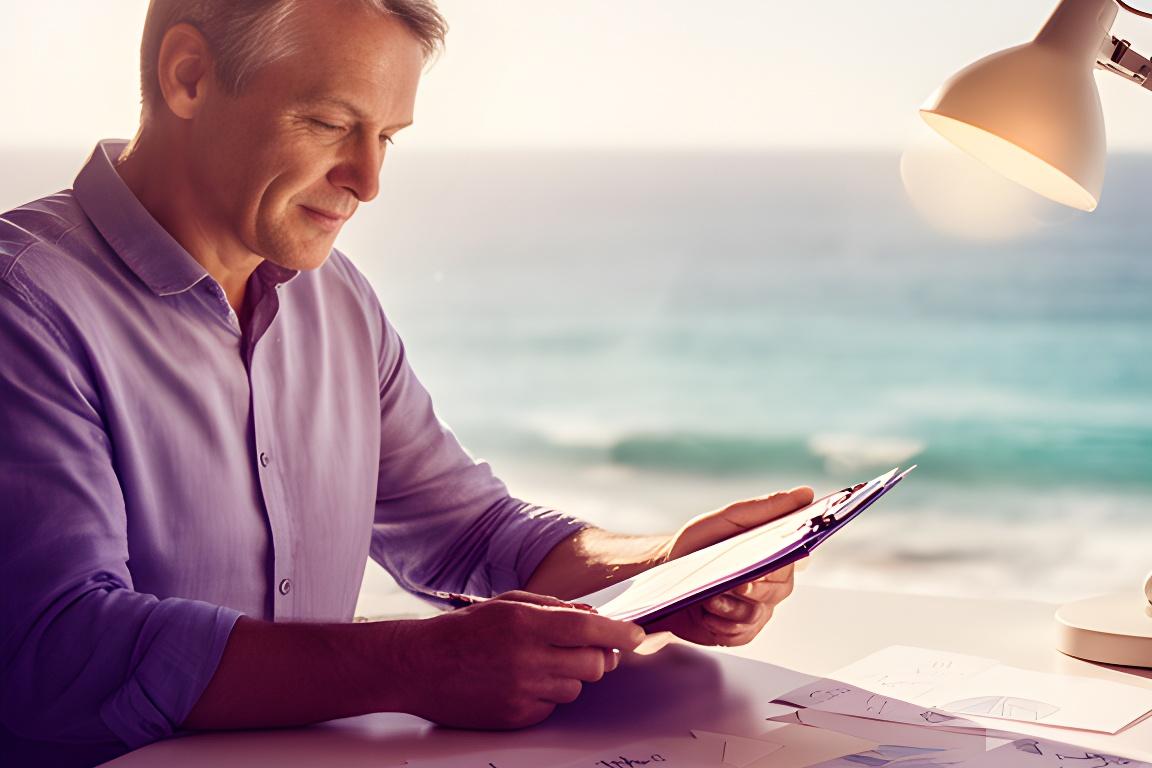 Founder at a Malibu desk reviewing a budgeting plan beside ocean light and handwritten notes