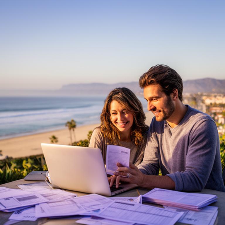 Couple reviewing a household budget beside a Malibu coastline view with a laptop and printed bills