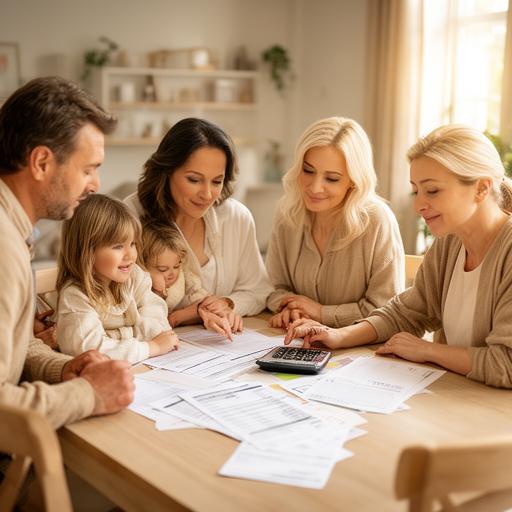 Family of four planning house savings at a dining table with a calculator and budget sheets