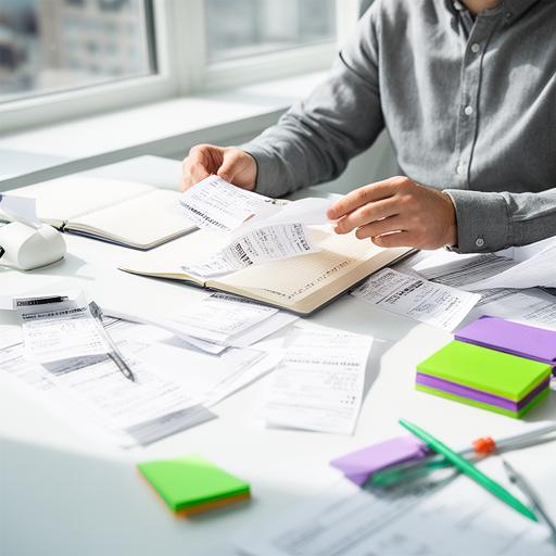 Freelancer at a bright desk building an emergency fund with notebooks and receipts