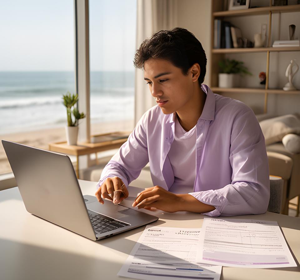 Recent graduate reviewing loan paperwork beside a laptop in a calm apartment with coastal daylight