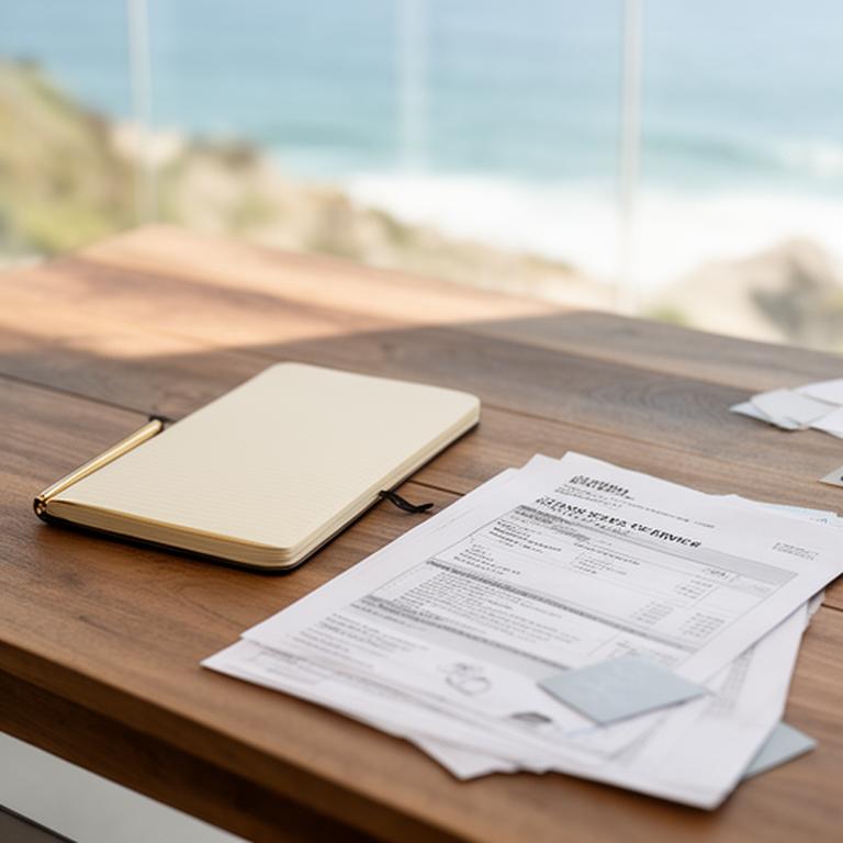 A quiet Malibu workspace with financial documents, a notebook, and soft coastal daylight on a wooden desk