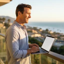 Tyza Tivar standing near a Malibu balcony with a laptop open to a savings dashboard